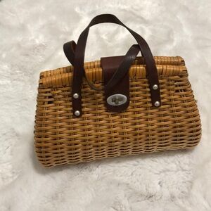 Brown Woven Handbag with Leather Straps